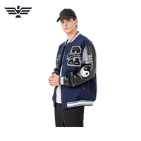 Blouson universitaire bleu marine pour homme avec manches en PU, patchs brodés, coupe-vent style urbain, doublure en laine chauffante, col montant, coupe classique