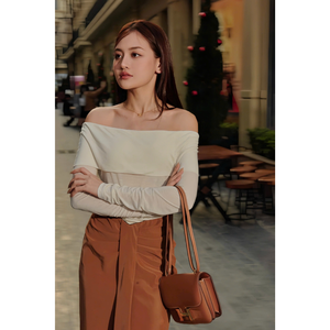 Top de manga larga en blanco y negro para mujer, TOPS DE PUNTO RACHEL con pecho hinchado, hombros descubiertos, ANT BLANCA, etiquetas personalizadas de Vietnam - Product Image 1