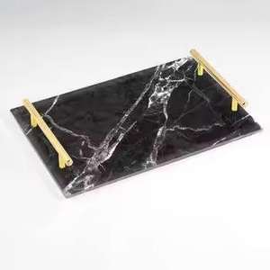 Bandeja Rectangular Negra para Servir en Navidad con Asa Dorada, Vajilla con Acabado Esmaltado para Fiestas y Hoteles - Product Image 1