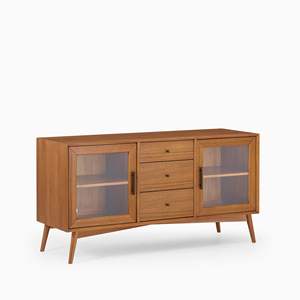 Aparador Helsey de Estilo Mid-Century con Vidrio y Madera de Teca Sólida, con 3 Cajones, 2 Puertas y Acabado Marrón Natural - Product Image 1