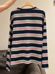 Camiseta Holgada de Cuello Redondo con Bloques de Color y Rayas Estilo Vintage Americano para Mujer, una Nueva Prenda Casual Elegante de Otoño-Invierno Hecha en Bangladés - Product Image 5