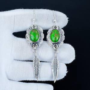Boucle d'oreille en pierre précieuse turquoise cuivre vert, argent sterling 925, crochet de créateur, boucle d'oreille faite à la main, bijoux cadeau pour la Saint-Valentin - Product Image 3