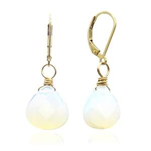 Elegant Gold-Plated Opalite Heart <b>Drop</b> Earrings Classic Lever-<b>Back</b> Dangle Faceted Gemstone Wire-Wrapped Bezel Setting for Gifts - Product Image 1