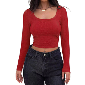 Femmes été Slim Fit haut à manches longues décontracté couleur unie côtes de BD Anti-rides tissu tricoté pour le printemps en gros - Product Image 2