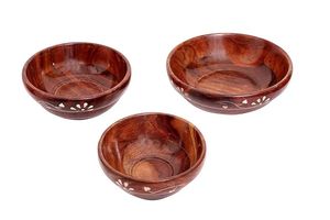 Bol en bois servant de la vaisselle pour la soupe de riz trempette café thé décoration ensemble de 3 pièces en bois brun bol Style japonais de l'Inde - Product Image 4