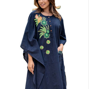 Nuevo vestido caftán elegante de moda para mujer, bordado de pájaros, informal, tejido corto, decoración de botones, lavable natural sostenible - Product Image 1