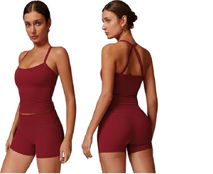 ชุดออกกำลังกาย2ชิ้นสำหรับผู้หญิง (2025ใหม่) ชุดเล่นโยคะเสื้อกล้ามเปิดหลังกางเกงขาสั้นเอวสูงชุดออกกำลังกาย - Product Image 1