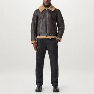 Vestes en cuir pour hommes authentiques, en peau de mouton véritable vieillie, doublure en sherpa, fausse fourrure, tricot côtelé élégant, douces, avec ceinture, style aviateur B3, bombardier - Product Image 2