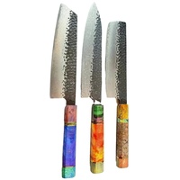 Set Pisau Koki Industri 3-Piece Baja Karbon Damascus Buatan Tangan Ahmad Fabric dengan Sarung Kulit OEM Berkualitas Tinggi Dapat Disesuaikan