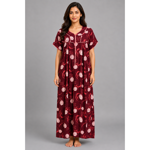 Evolove Women's Skin Friendly Digital Printed Front Zip <b>Long</b> Sleeve Neck Nightgown Dark Maroon Quick Dry 100% Cotton Sleepwear - Product Image 5