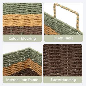 Multi-Color Woven Paper Rope Storage <b>Basket</b> Set - Rectangular Fabric Storage Bins <b>with</b> <b>Handles</b> for Kids Room & Home Decor - Product Image 4