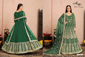 Traje especial de diseño Evergreen para festivales, superventas, el mejor traje Anakali de red Dupatta con trabajo pesado en la parte delantera y trasera a la venta - Product Image 3