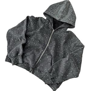 Ropa de calle personalizada Boxy Fit recortada Diamond Acid Wash Sun Faded 480gsm Heavyweight Zip up Rhinestone Hoodie hombres - Product Image 1