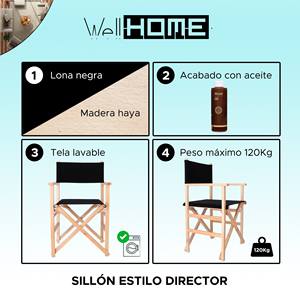 Sedia da Regista WELL HOME in Legno di Faggio con Finitura a Olio e Tela Nera 51x46x86 cm - Product Image 2