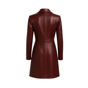 <b>Burgundy</b> Long Leather <b>Coat</b> with Button Closure - Product Image 2