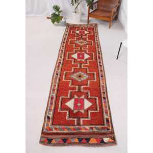 Turkish Vintage Rug, 2.7x10.2 ft Herki Rug, <b>Red</b> <b>Runner</b> Animal Print Rug - Product Image 1