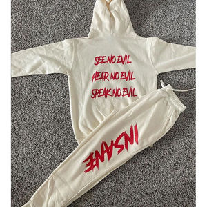 Custom beige hoodie and jogger set with cartoon graphic and <b>red</b> text print <b>fleece</b> tracksuit unisex streetwear two piece outfit - Product Image 4