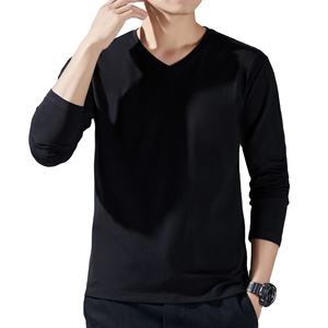 Spring Autumn Cotton <b>V</b>-<b>Neck</b> <b>T</b>-<b>Shirt</b> <b>Men</b> Long SLeeve Korean Style Casual <b>T</b> <b>Shirts</b> <b>Men's</b> Solid Slim Tees Tops Male Clothing - Product Image 1