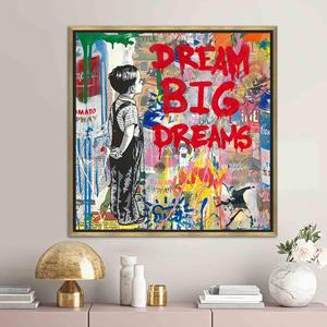 Impression sur toile de graffiti Dream Big Boy de Banksy, décoration murale plate, toile encadrée dorée - Product Image 1