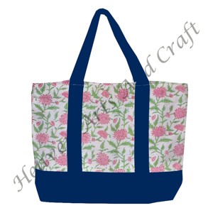 Sac fourre-tout en toile imprimé à la main avec poignée bleue, provenant d'Inde, motif floral multi-main avec deux bretelles, vente en gros BHCB061 - Product Image 1