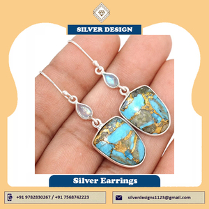 Pendientes de plata de ley 925 con piedra lunar, Pendientes colgantes con gema Natural de cobre azul y turquesa, hechos a mano - Product Image 6