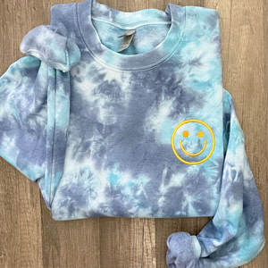 Smiley Face Embroidery Tie Dye Loose Oversized Long Sleeve Crewneck <b>Sweatshirts</b> Cotton Fleece <b>Yoga</b> Fitness <b>Sweatshirt</b> for Unisex - Product Image 1