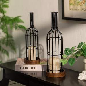 Wine shape cage <b>Candle</b> Lantern <b>Set</b> of 2 Rustic Wood <b>Candle</b> Holder for Home Decor Living Dining Room Kitchen Fireplace Mantle - Product Image 2