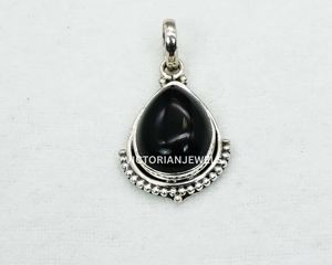 925 Solid Sterling <b>Silver</b> July Month Birthstone Black Onyx with Bezel Setting pear Shape <b>Charm</b> Pendant - Product Image 2