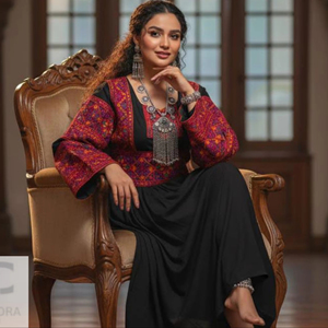 เดรสแบบดั้งเดิมของอัฟกานิสถานสีดำพร้อมแจ็กเก็ตปักลายสีแดงเครื่องแต่งกายสไตล์คาฟตันอัฟกานิสถานแนววินเทจ - Product Image 6