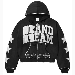 Sudadera con Capucha Personalizada de Felpa de Algodón Francés de 460 g/m², Estampado 3D Desgastado, Estilo Holgado, Lavado Ácido, Corte Recto, Talla XL con Pedrería - Product Image 3