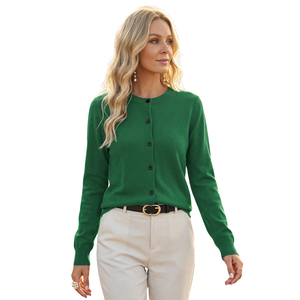 Cárdigan Casual de Invierno para Mujer, Color Verde Sólido, Tejido de Viscosa, Cuello Redondo, Botones al Frente, Manga Larga, Transpirable, para Oficina y Uso Diario - Product Image 1