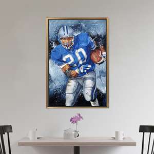 Toile imprimée : Affiche d'art sur le thème du football des Detroit Lions de Barry Sanders, toile encadrée dorée - Product Image 1