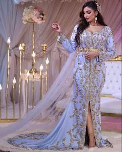 2024 elegante y elegante bordado trabajo caftán vestido cielo azul seda con cristal Beadsstonesequence & Dabka trabajo adornado - Product Image 1