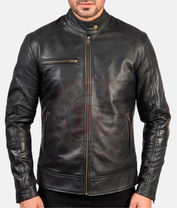 Veste en cuir de vache classique pour homme, style populaire haut de gamme, fabrication sur mesure en gros, col montant, logo frontal - Product Image 3