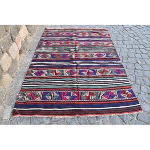 Vintage Traditional <b>Wool</b> Rug <b>Red</b> Blue Patchwork Design Handmade 5x7.2ft Rectangle 10mm Thickness Latex for Hallway Room Decor - Product Image 1