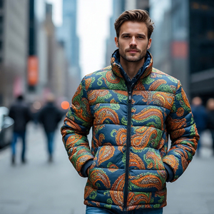 Men Winter Paisley Bandana <b>Thick</b> Puffer Coats Stand Collar Puffer Overcoat Men's <b>Quilted</b> Puffer Outerwear Male - Product Image 1