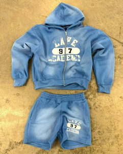 Custom Embroidery <b>Graphic</b> Sun Faded Tracksuit Cotton Vintage Heavyweight <b>Hoodie</b> Set Double <b>Zip</b> <b>up</b> <b>Hoodie</b> and Short Sets for Men - Product Image 1