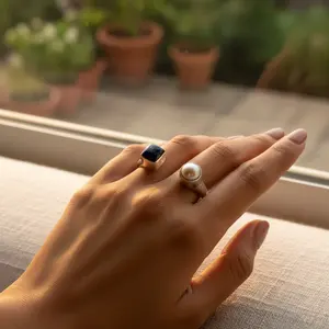 Bague ouverte en argent 925 avec pierres précieuses naturelles turquoise et grenat, motif géométrique, plaqué rhodium, bijoux uniques pour femmes - Product Image 2