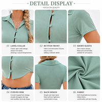 Kaos Polo Crop Wanita Berbahan Rib, Lengan Pendek, Kancing Depan, Model Fitted, Kasual, OEM ODM
