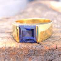 Bague Chevalière Homme Fine Faite à la Main en Argent Sterling 925 Massif, Sertie d'un Quartz Saphir Scintillant Carré de 10 mm, Style Hydro Vintage, pour Fête