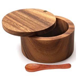 Bol à sel en bois de qualité supérieure avec couvercle Récipient à épices en bois naturel pour pot de stockage d'assaisonnement d'herbes de cuisine - Product Image 1