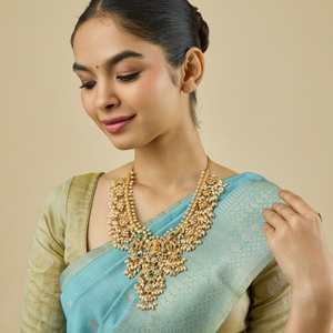 Silver Temple <b>Necklace</b> 181862 Gold Plated Ethnic Religious Style Floral Pattern Chain for Wedding & Gift - Product Image 1