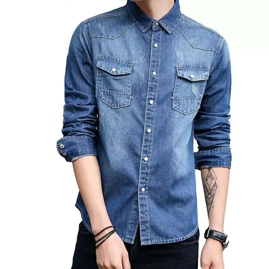 Hot selling fashion men solid color long sleeve jeans shirt denim blue formal men casual jeans shirt