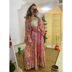 Vestido Maxi Floral Boho Ecológico para Mujer con Abertura Frontal, Escote en V Profundo, Cintura Natural, Mangas Largas Acampanadas, Ideal para Playa, Resort o Festivales - Product Image 1