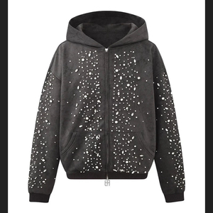 Customized Rhinestone Hoodie Streetwear Unisex Oversized Zip up Rhinestone Pearl Hoodie Sweatshirt Men - Product Image 2