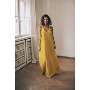 Women's <b>Yellow</b> Linen Eco-Friendly Plain Dyed Maxi Dress Long Sleeve V-Neck Modern Fit Summer Dress with Sashes - Product Image 1