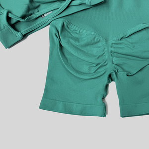 ชุดบรายกกระชับสะโพกสีพีชบราและกางเกงขาสั้นสำหรับเล่นโยคะฟิตเนสในยิมแห้งเร็วพิมพ์โลโก้ด้านหน้า - Product Image 4