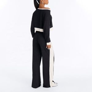 Women Black White Color Block Tracksuit Set Long Sleeve Crop Top Wide Leg Pants Casual Sportswear Outfit Wholesale Athletic Wear - Product Image 2