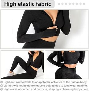 ชุดออกกำลังกายเอวสูงสีทึบสำหรับผู้หญิงชุดเล่นกีฬาชุดเล่นโยคะชุดกีฬา3ชิ้นชุดเสื้อแจ็กเก็ต | สปอร์ตบรา | - Product Image 4