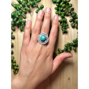 Tillie John Kingman <b>Dainty</b> Turquoise Sterling Silver <b>Ring</b> Size 8.5 Smooth Cut Stone Rhodium Plated Everyday Wear Platinum - Product Image 5